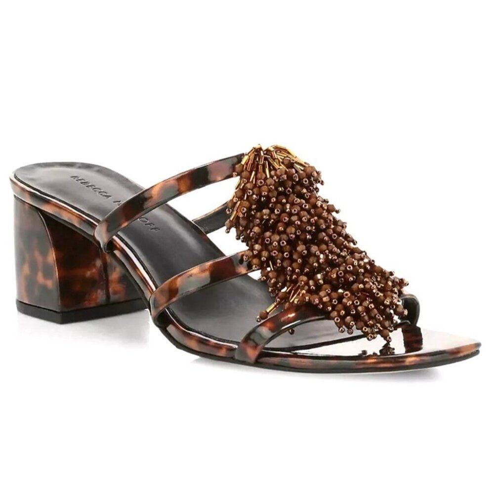 REBECCA MINKOFF 7 37.5 Raygan Seed Bead Fringe Tortoise Print Heeled Mule Sandal